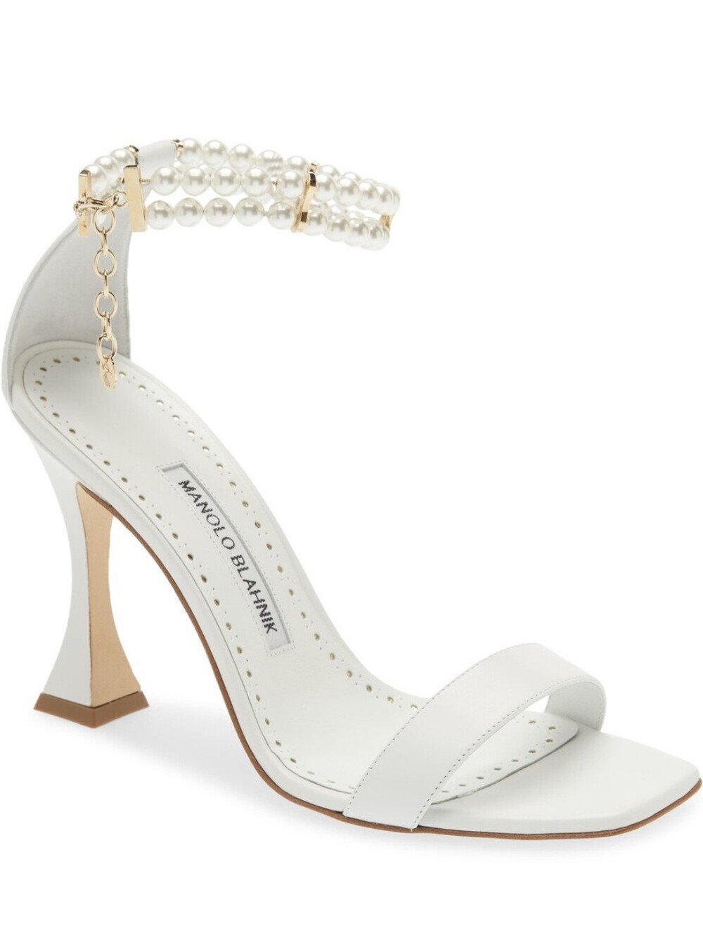 Manolo Blahnik Charona 105 White Pearl-Ankle Strap Sculpted Heel Sandal